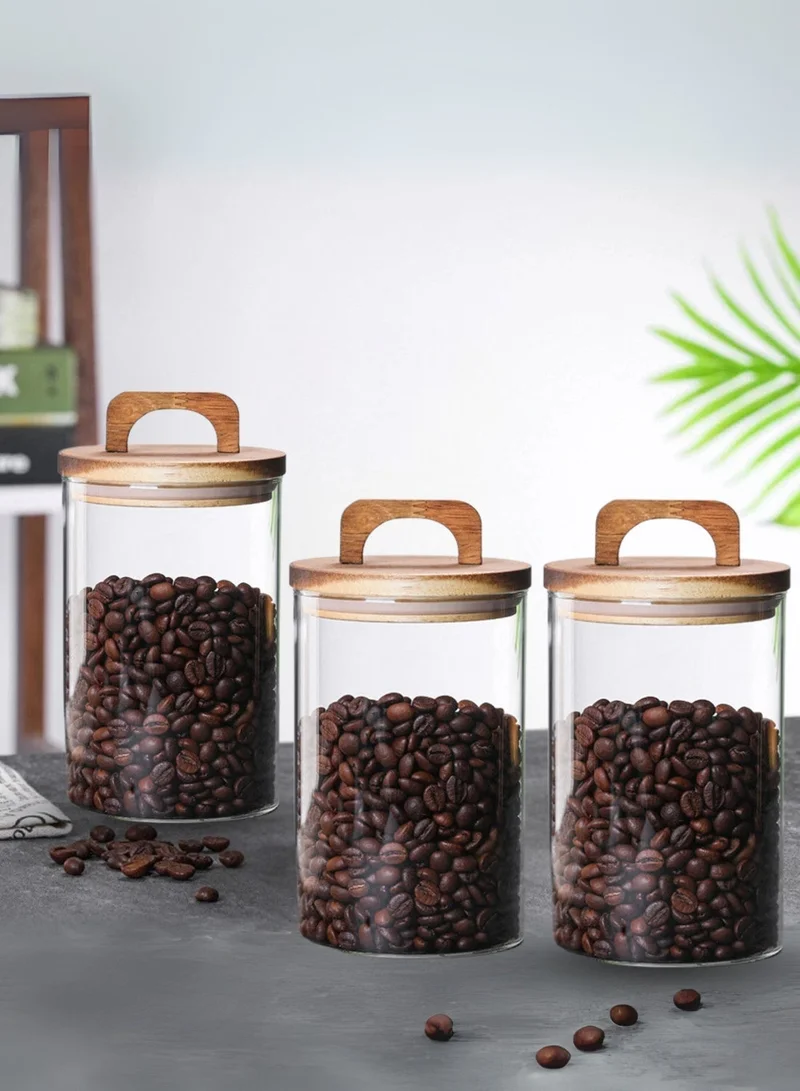 1Chase 800ml Borosilicate Glass Storage Jars with Airtight Acacia Wood Lid – Set of 3 (800ML) | Handmade Canisters for Kitchen Pantry, Pasta, Coffee, Snacks & Dry Food  | Best Price UAE